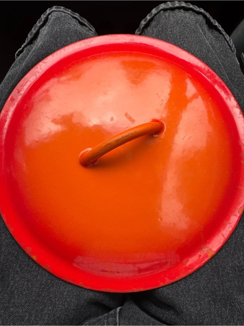 Vintage Le Creuset Descoware cast iron lid flame red orange FE 24 Belgium 3 rib